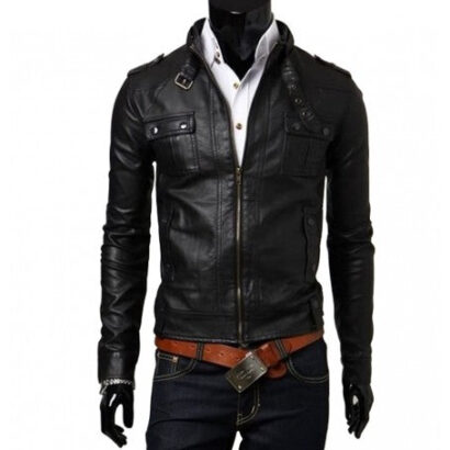 Biker Style Mens Slim Fit Black Leather Jacket